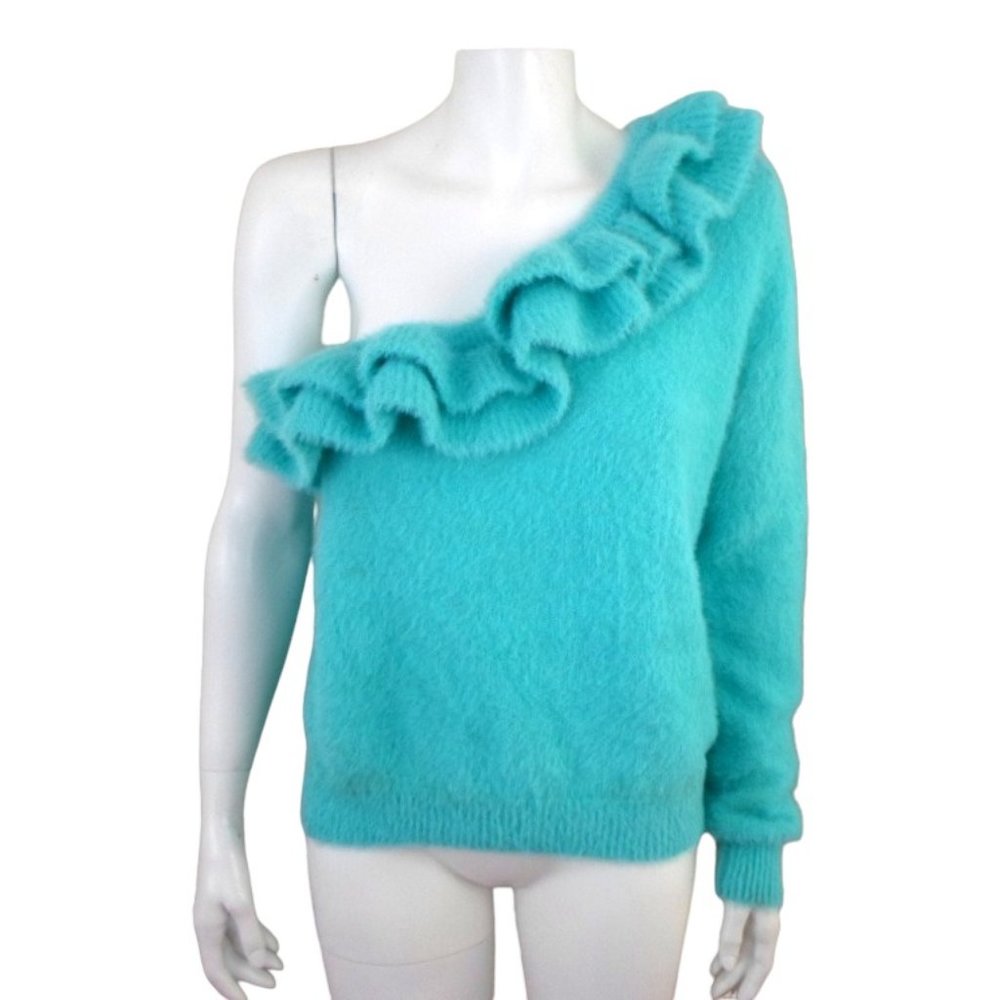 DO+BE Aqua One Shoulder Fuzzy Ruffled Sweater